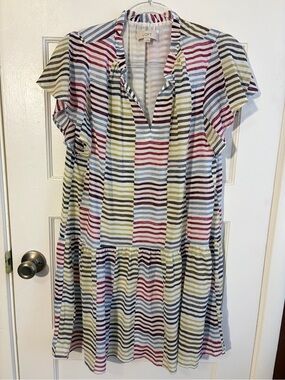 LOFT Striped Short Sleeve Tiered Dress - Cream, Gray, Blush
